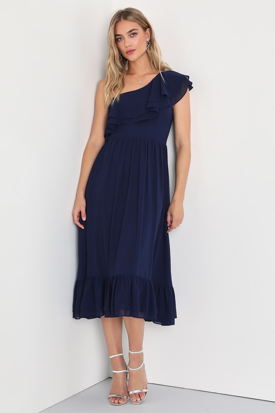 Navy Blue Midi Dress Blue One Shoulder Dress Ruffled Dress Lulus