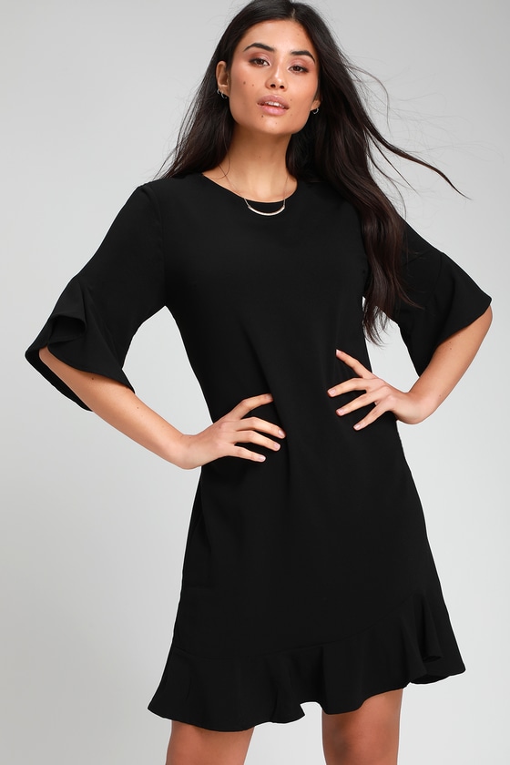 Black Shift Dress Flounce Sleeve Dress Ruffle Shift Dress Lulus