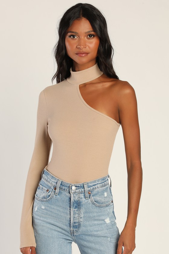 Beige One Shoulder Top Mock Neck Top Women S Tops Lulus