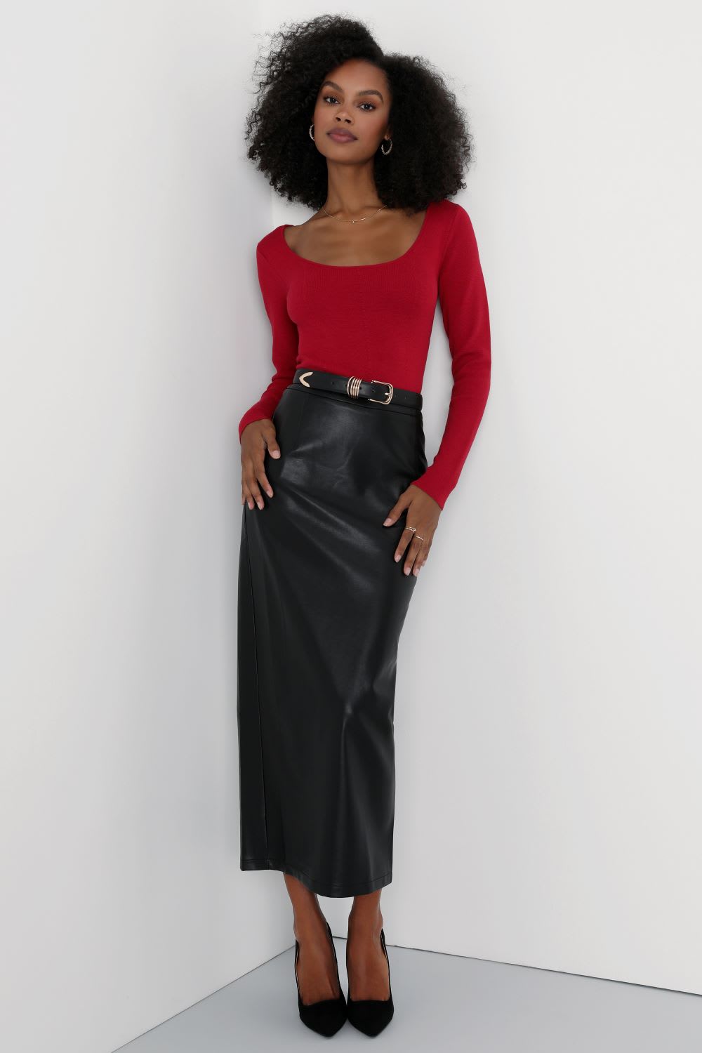 Bold Sophistication Brown Vegan Leather High-Rise Midi Skirt