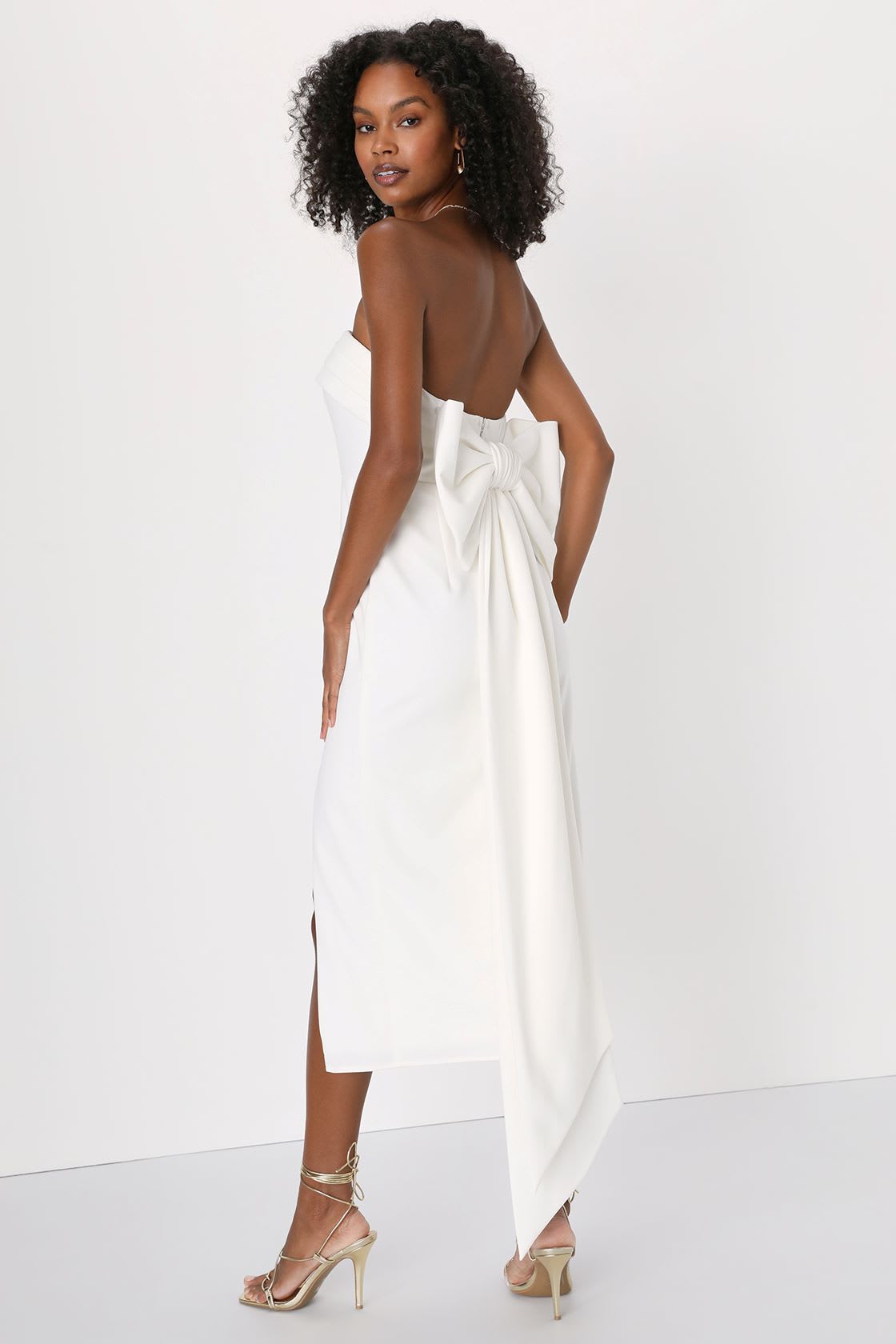 white strapless bow midi dress