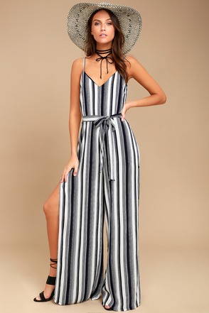 Cool Blue and White Striped Jumpsuit - Side-Slit Jumpsuit - Sleeveless ...