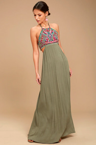 Little Beach Olive Green Embroidered Maxi Dress - Lulus