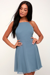 Letter of Love Slate Blue Backless Skater Dress