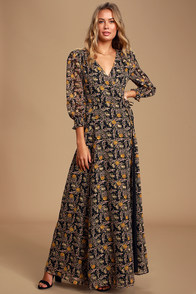 Meet Me There Black Multi Floral Print Wrap Maxi Dress - Lulus