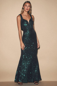 Forever Glam Emerald Green Sequin Mermaid Maxi Dress - Lulus