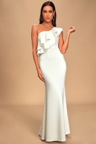 Grand Beauty White Ruffled One-Shoulder Mermaid Maxi Dress - Lulus