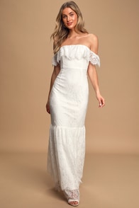 Love is Forever White Lace Off-The-Shoulder Ruffled Maxi Dress - Lulus