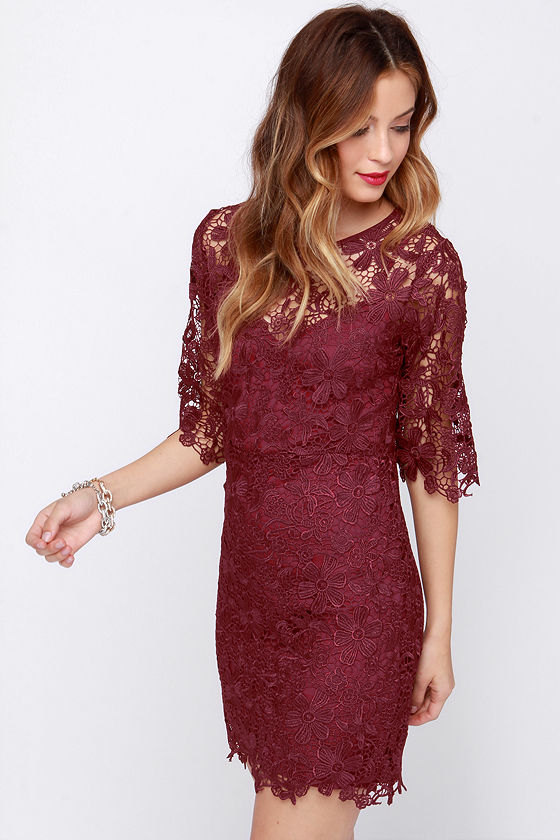 Cute Burgundy Dress - Floral Lace Dress - Sheath Dress - $61.00