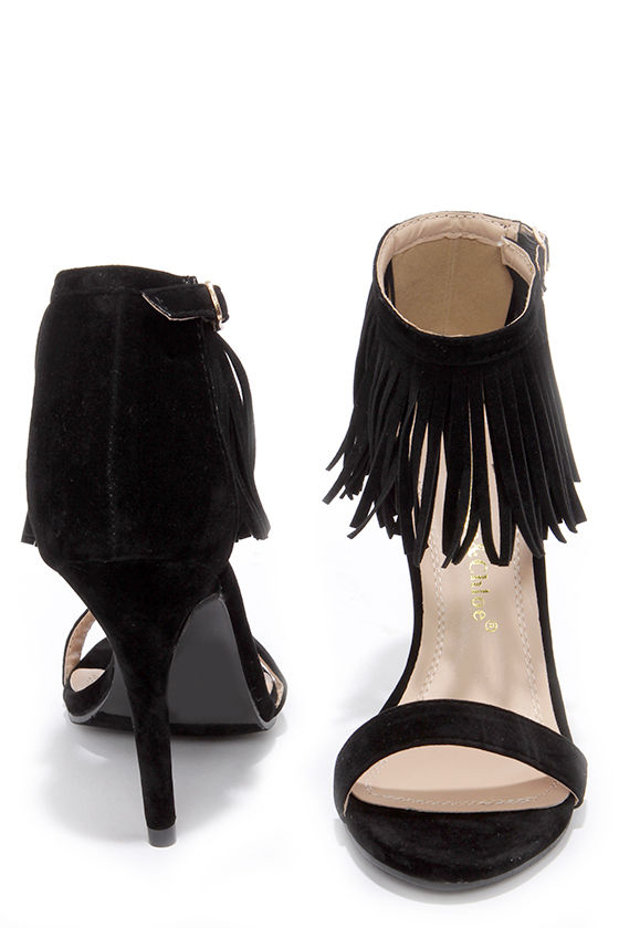 Cute Black Heels - Fringe Heels - Ankle Strap Heels - $31.00