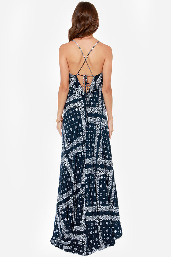 Cute Navy Blue Dress Bandana Print Dress Maxi Dress 4700 