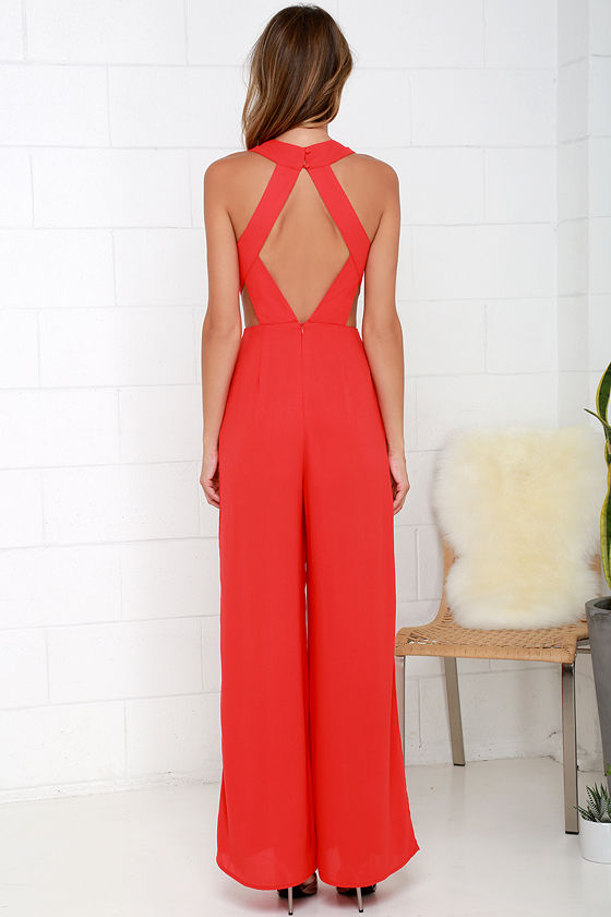 Chic Coral Red Jumpsuit Sleeveless Jumpsuit Backless Jumpsuit 5900