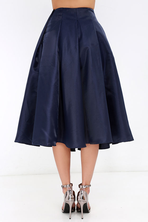 Navy Blue Skirt - Midi Skirt - High-Waisted Skirt - $62.00