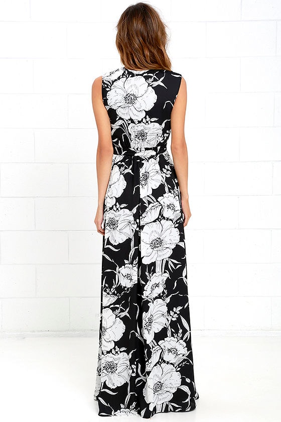 Lovely Black Floral Print Dress - Maxi Dress - Black and White Dress