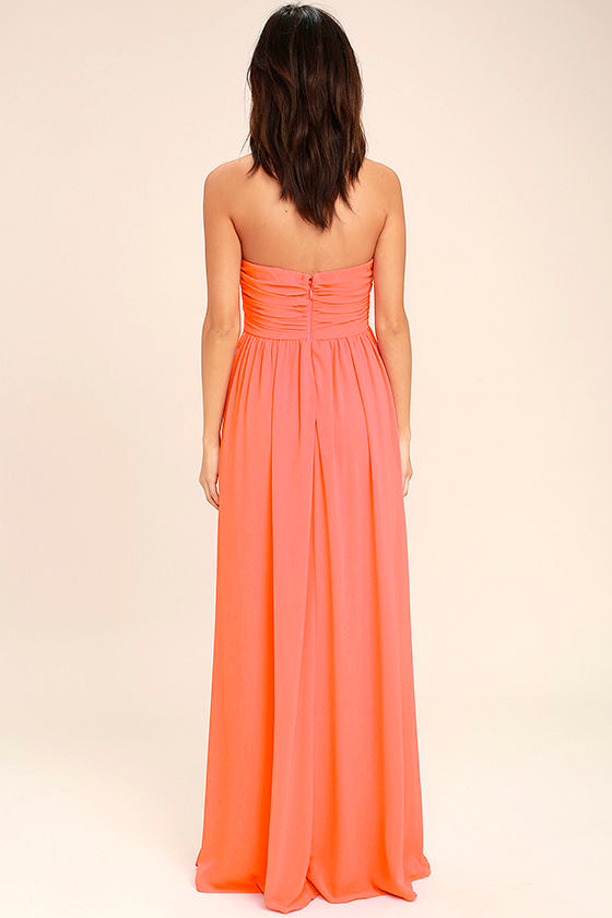 Lovely Maxi Dress Coral Pink Dress Strapless Dress 8400