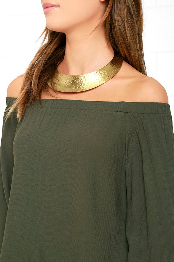 olive green off the shoulder shirt