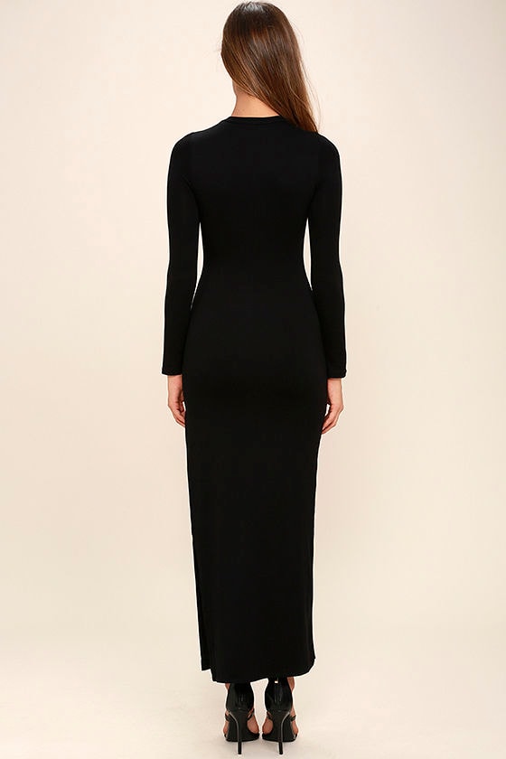 Chic Black Long Sleeve Dress Jersey Knit Maxi Dress Bodycon Maxi