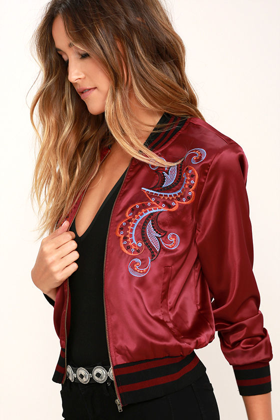 Cool Burgundy Bomber Jacket - Embroidered Bomber Jacket - Satin Bomber ...