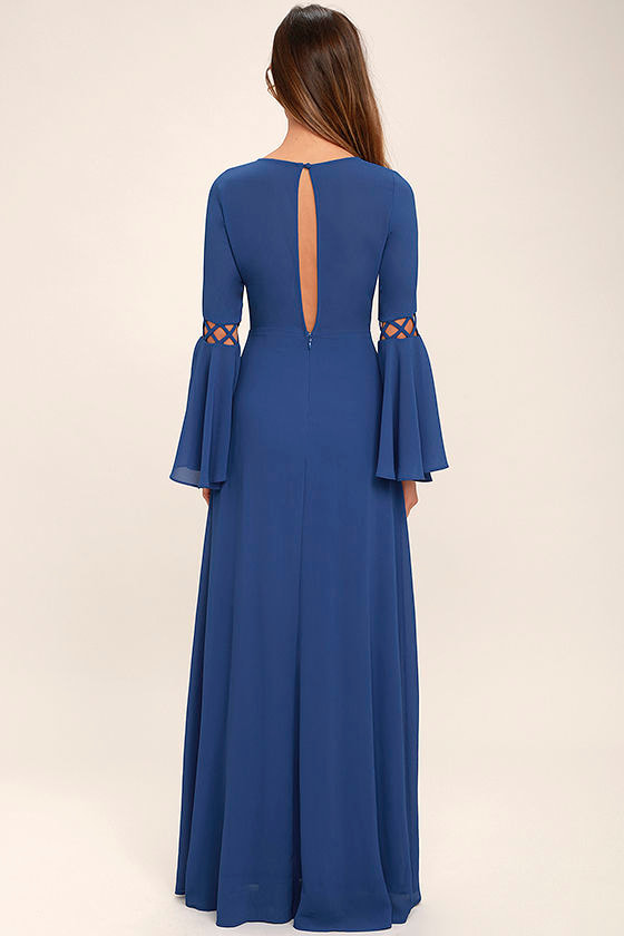 Lovely Denim Blue Dress Long Sleeve Dress Maxi Dress Cutout Dress 7800 9036