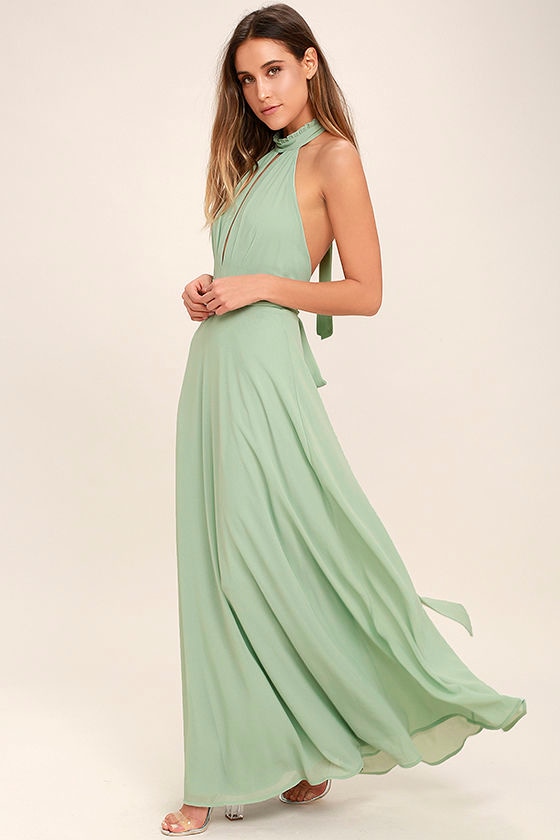 Stunning Sage  Green  Maxi Dress  Halter  Maxi Backless 