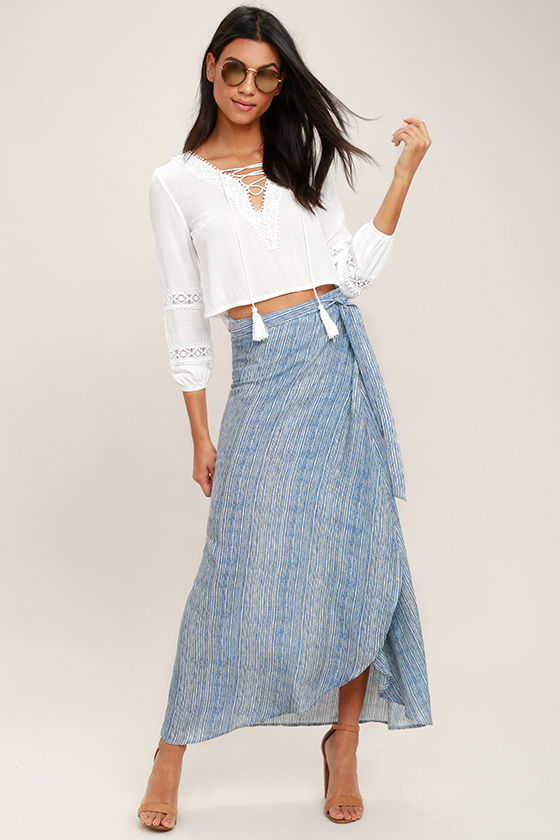 Cute White and Blue Skirt - High-Low Skirt - Wrap Skirt - Midi Skirt ...