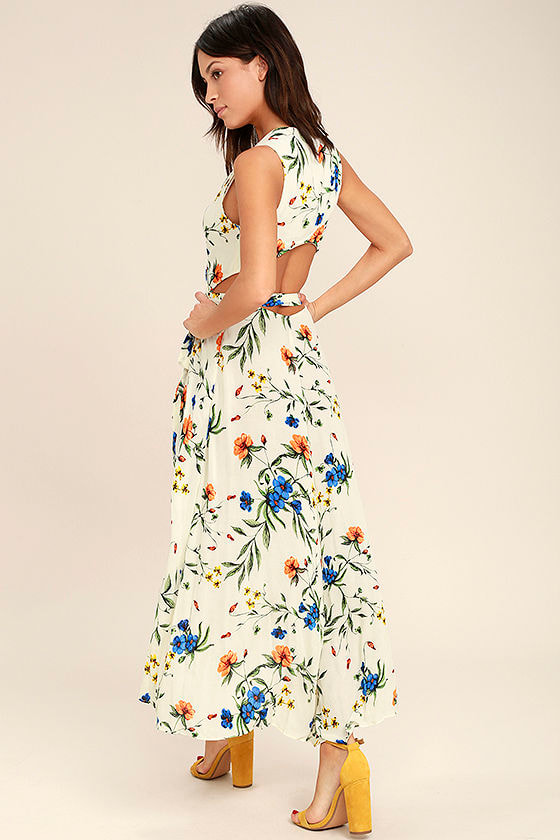 Lovely Ivory Floral Print Dress - Wrap Dress - High-Low Dress - $65.00