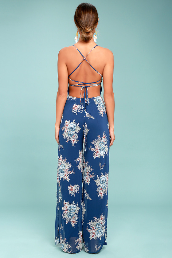 Chic Navy Blue Jumpsuit Floral Print Jumpsuit 4922