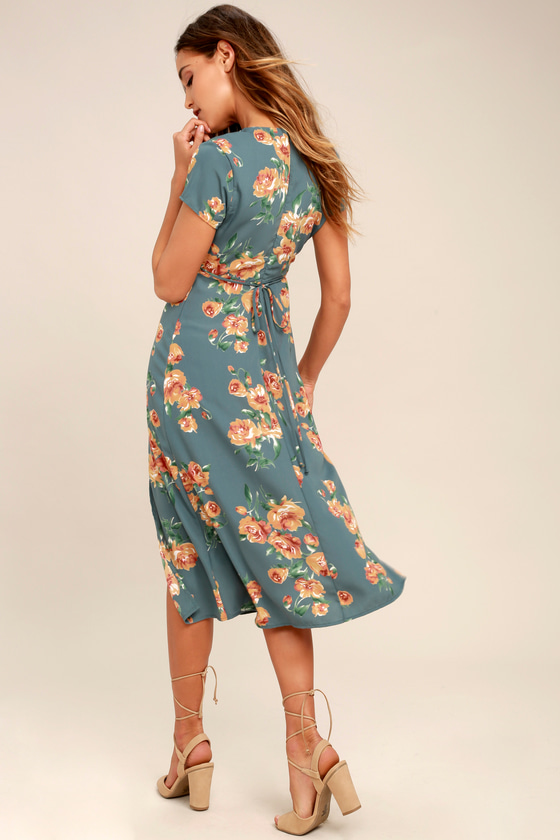 Lovely Dusty Sage Dress - Floral Print Dress - Midi Dress