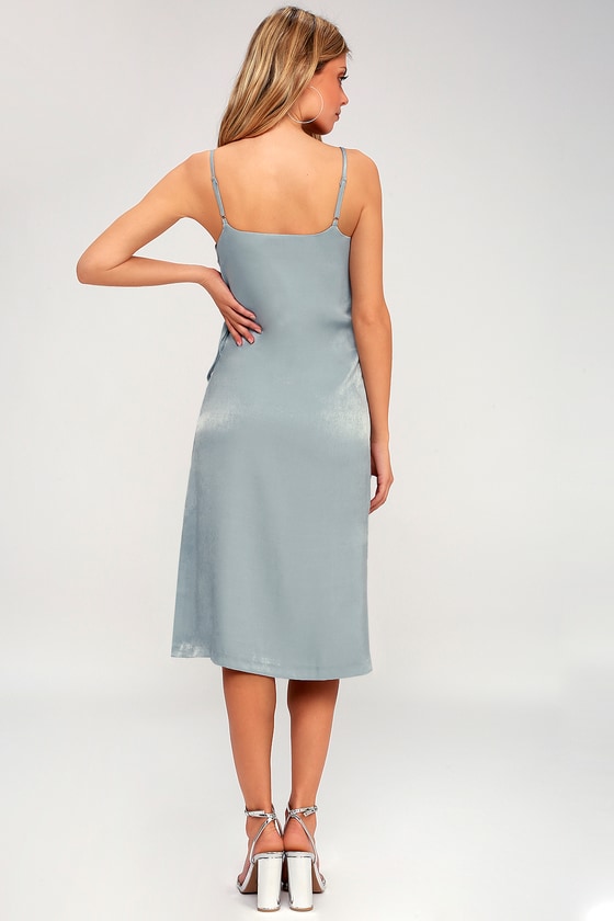 EVIDNT Satin Dress - Midi Wrap Dress - Mint Blue Dress