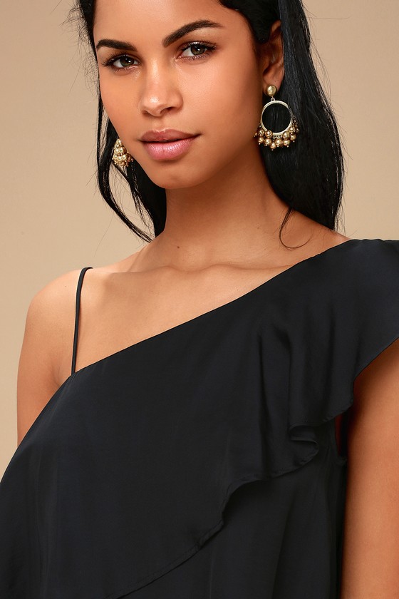 Cute Black Top - One-Shoulder Top - Satin Top