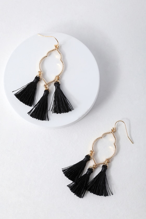 Chic Black Tassel Earrings - Gold Earrings - Boho Earrings