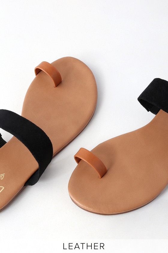 Cute Cognac and Black Sandals - Toe Loop Sandals - Flat Sandals