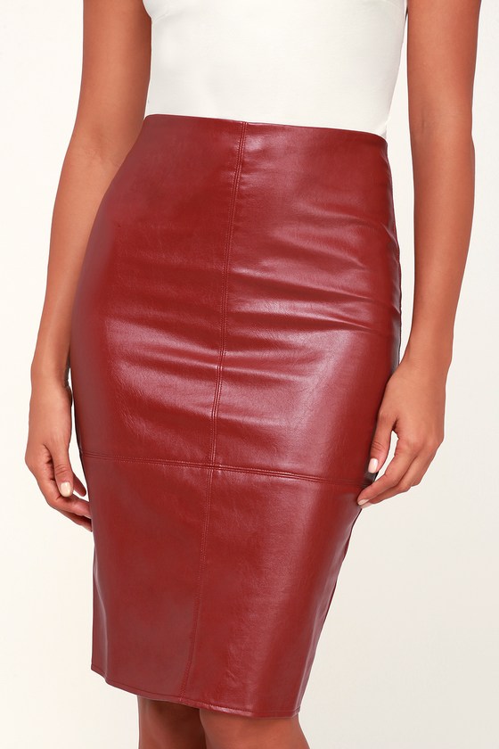 Chic Wine Red Pencil Skirt Leather Skirt Vegan Leather Skirt 9138