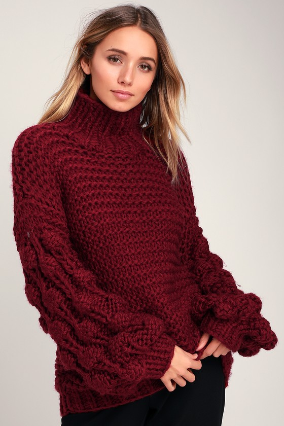 Cool Wine Red Sweater - Mock Neck Sweater - Pompom Sleeve Sweater
