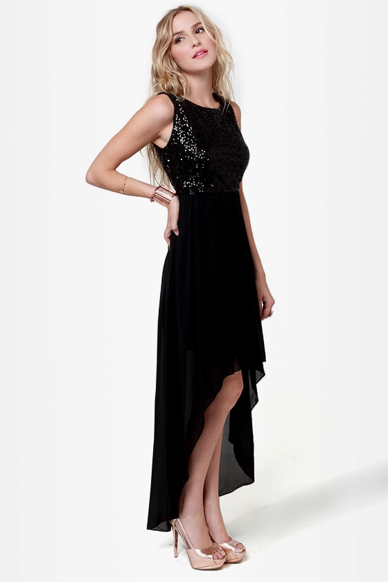 Pretty Black Dress - High-Low Dress - Sequin Dress - $60.00