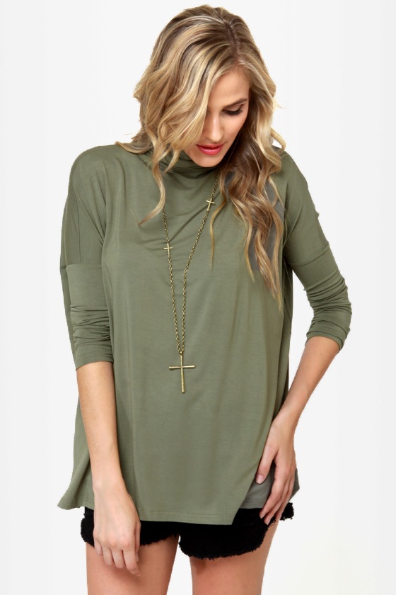 Cool Army Green Top - Turtleneck Top - Oversized Top - Bamboo Top - $34.00