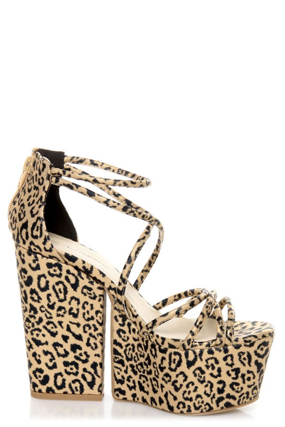 C Label Sara 1 Gold Leopard Print Strappy Super Platform Heels - $42.00