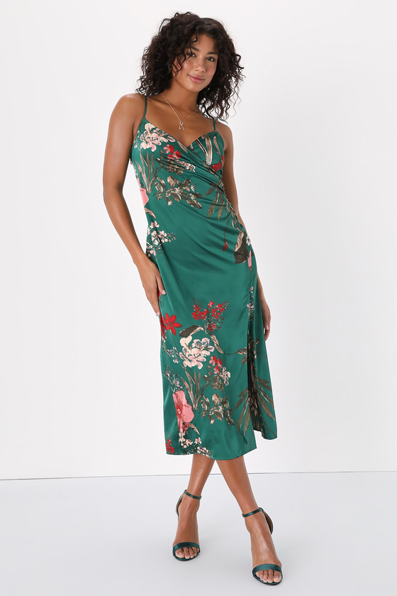 Green Floral Print Dress - Surplice Dress - Satin Midi Dress - Lulus