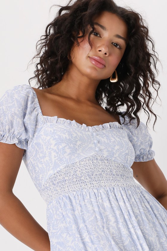 Blue and White Midi Dress - Puff Sleeve Dress - Floral Midi Dress