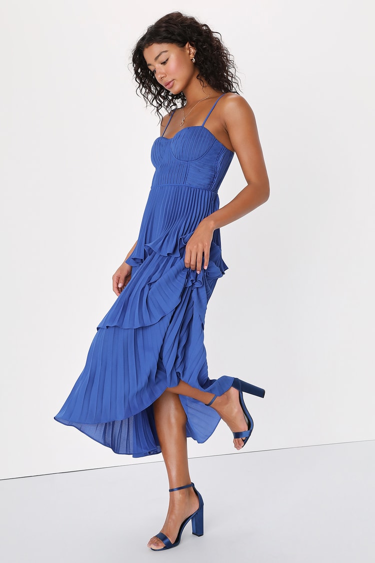 Blue Midi Dress - Tiered Pleated Midi Dress - Bustier Midi Dress - Lulus