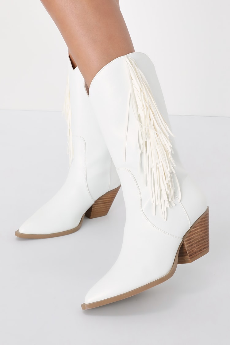 Billini Andie - White Mid-Calf Boots - Fringe Western Boots - Lulus