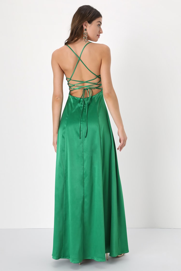 Green Satin Dress - A-Line Maxi Dress - Lace-Up Maxi Dress - Lulus