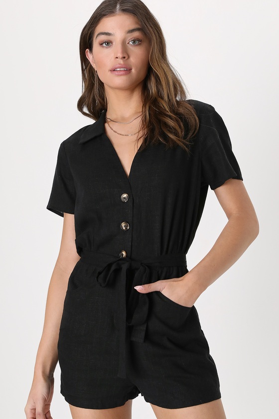 Black Romper - Short Sleeve Romper - Button-Front Romper - Lulus