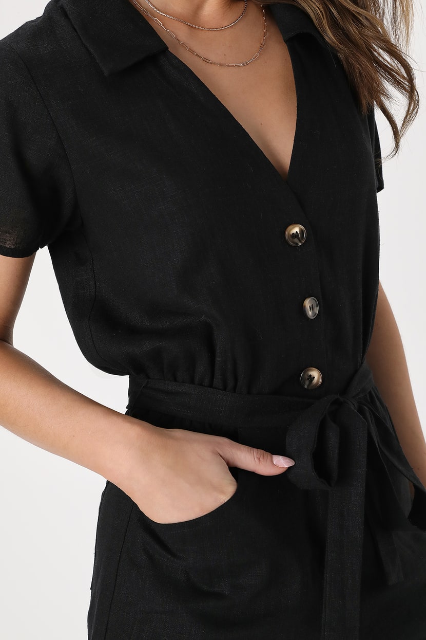Effortless Confidence Black Button-Front Short Sleeve Romper