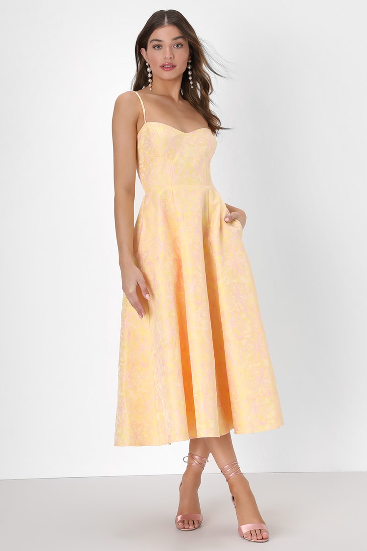 Yellow Jacquard Dress - Floral Jacquard Dress - Tea-Length Dress - Lulus