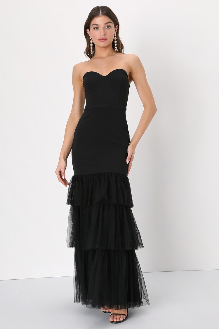 Black Trumpet Dress - Black Tulle Prom Dress - Tiered Dress - Lulus