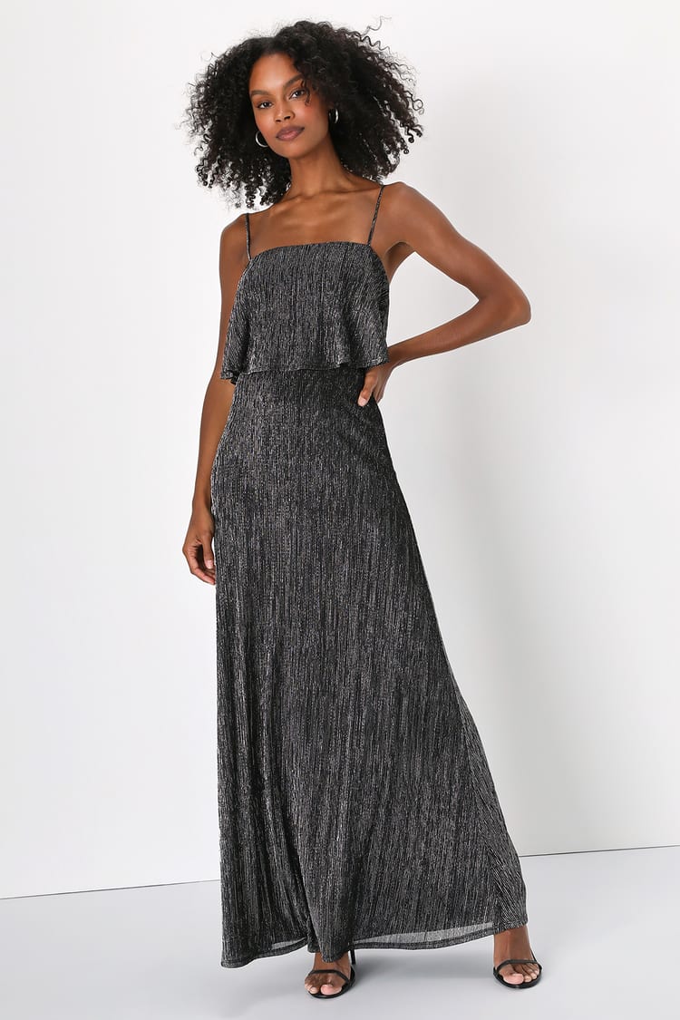Shiny Black and Silver Dress - Plisse Lurex Dress - Maxi Dress - Lulus