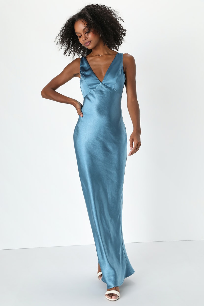 Dusty Blue Bridesmaid Dress - Cowl Back Dress - Blue Satin Dress - Lulus