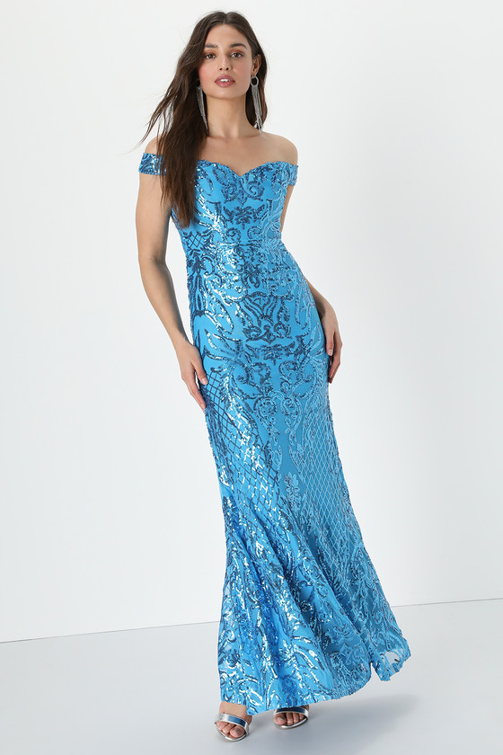 Lulus Dramatic Dynamic Blue Sequin Off-the-shoulder Maxi Dress