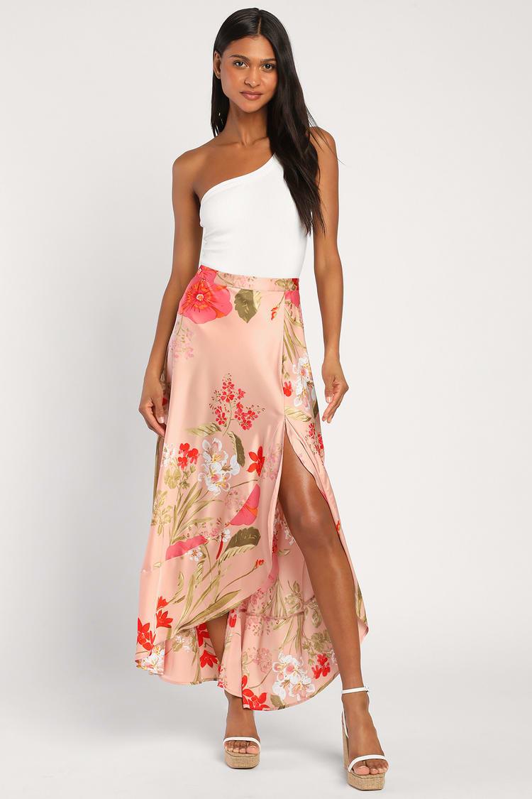 Light Mauve Floral Print Skirt - Satin Skirt - Floral Maxi Skirt - Lulus